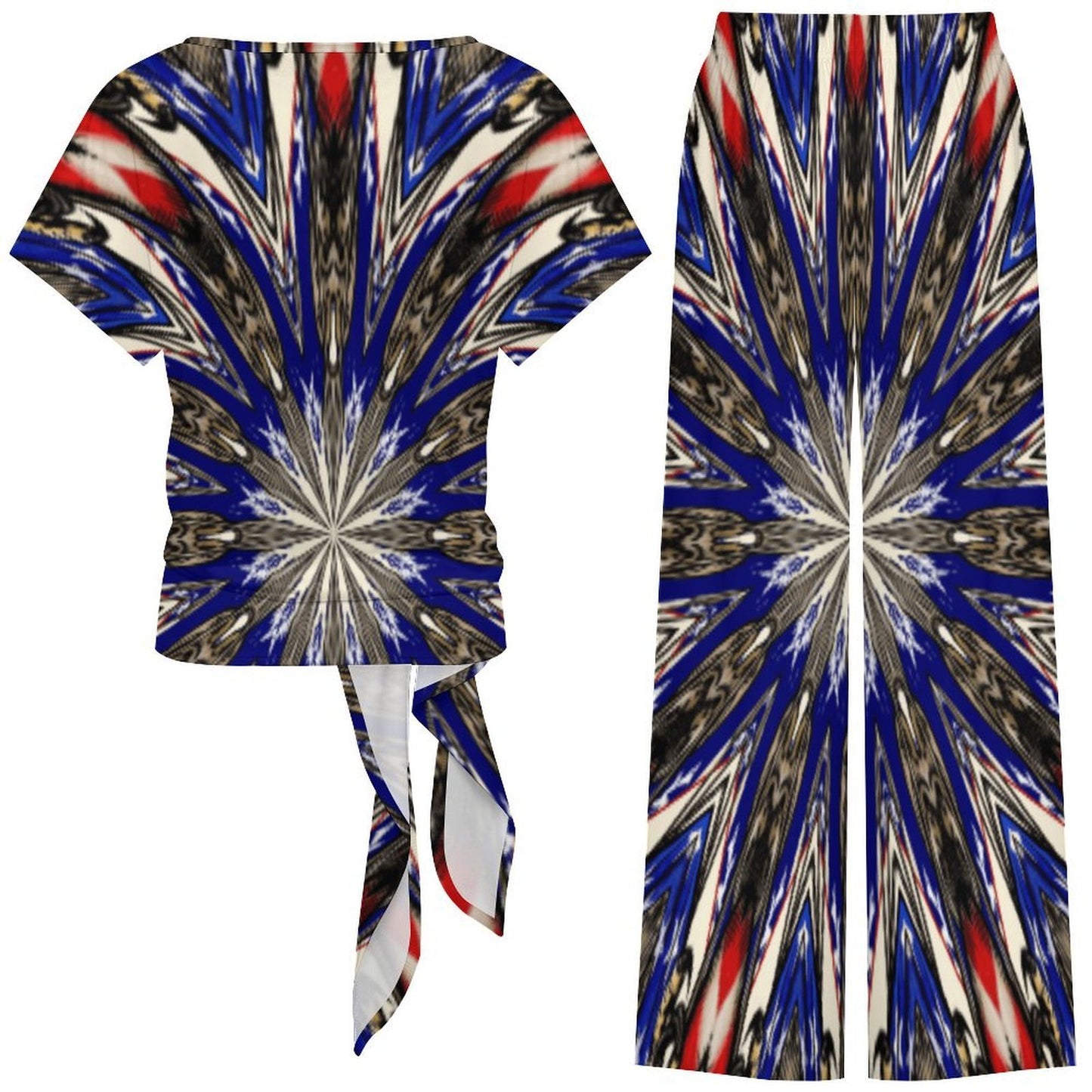 Women's Starburst Patriotic Colors Pattern All-Over-Print Side-Tie Short Sleeve Top & Wide-Leg Pants Set