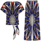 Women's Starburst Patriotic Colors Pattern All-Over-Print Side-Tie Short Sleeve Top & Wide-Leg Pants Set