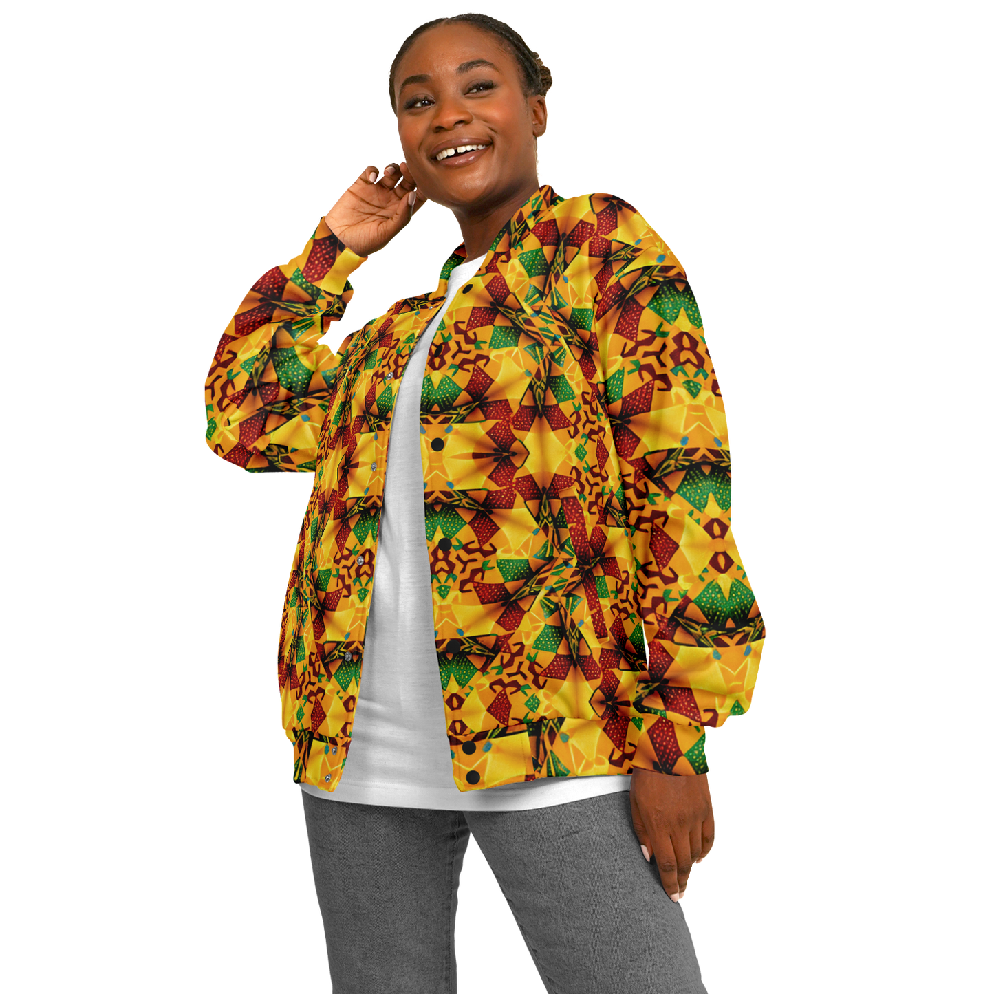 Women's Vibrant African Kente Geometric Pattern All Over Print Baseball Jacket