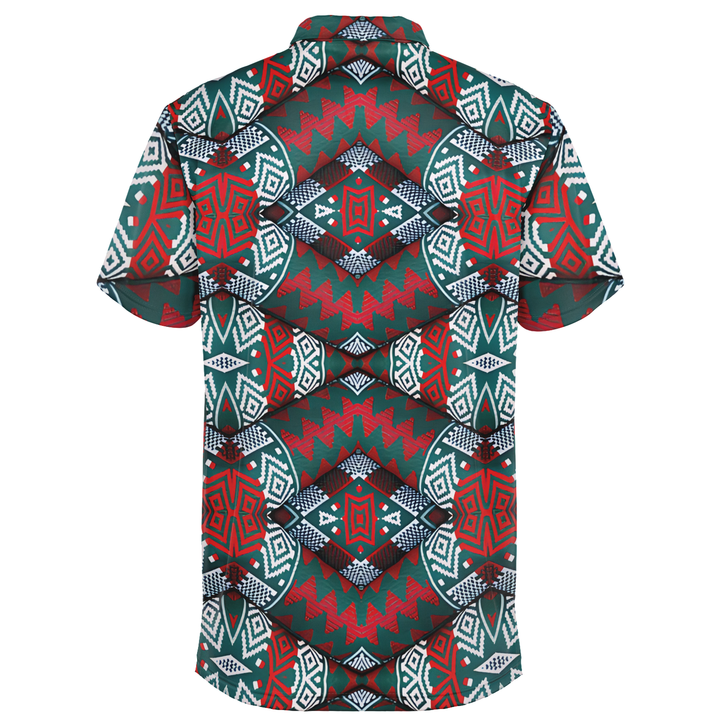 Men's Red, Green & White Teal Aztec Geo Pattern All-Over Print Polo Shirt