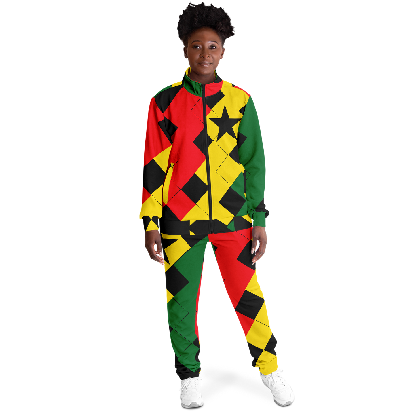 Women's Red Yellow Green and Black Stars Track Jacket and Pants