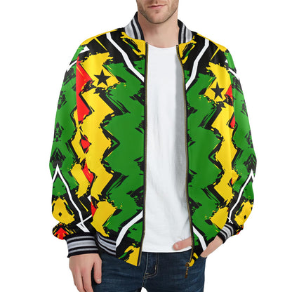 Men's Ghana Flag & Black Star Pattern All-Over Print Striped Trim Bomber Jacket