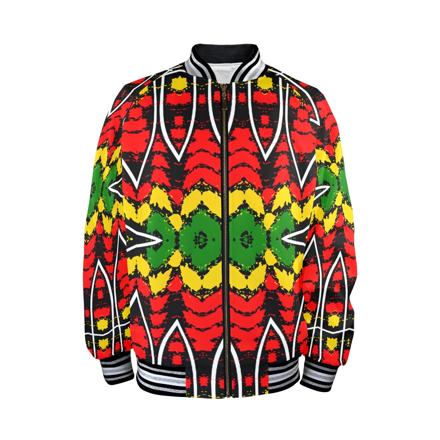 Men's Bold Red Yellow Green Rasta Pattern All Over print  Striped Trim Bomber Jacket