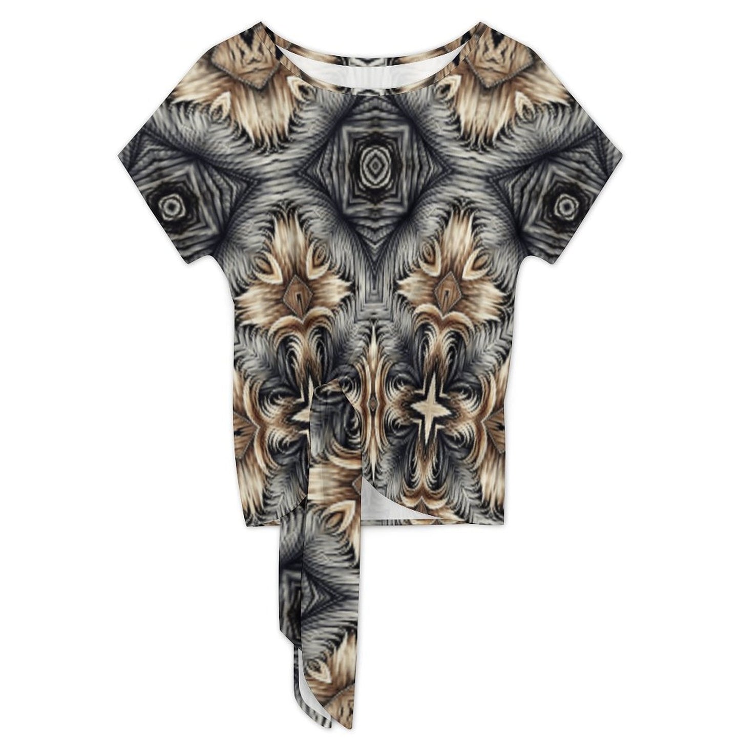 Women's Neutral Geometric Floral Pattern All Over print Side-Tie Short Sleeve Top & Wide-Leg Pants Set