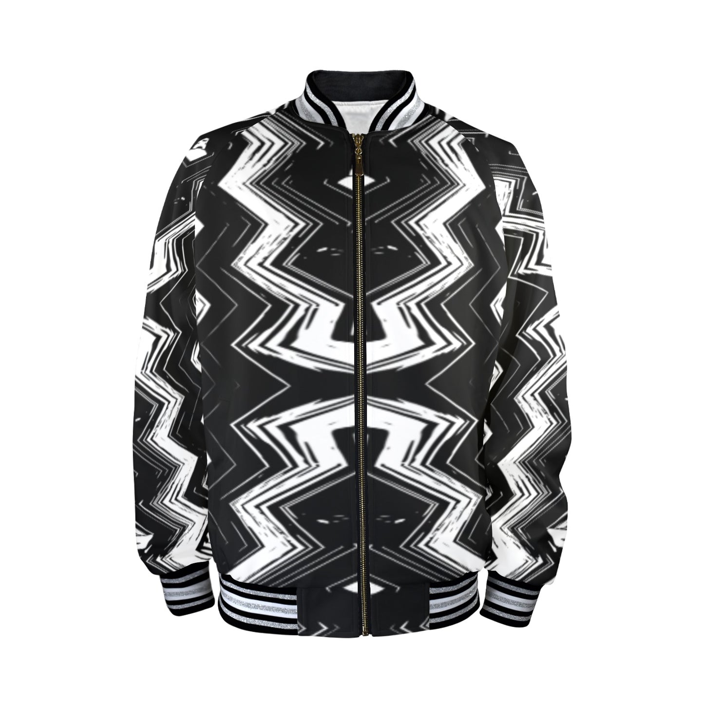 Men's Black & White Geometric Pattern All-Over Print Striped Trim Bomber Jacket