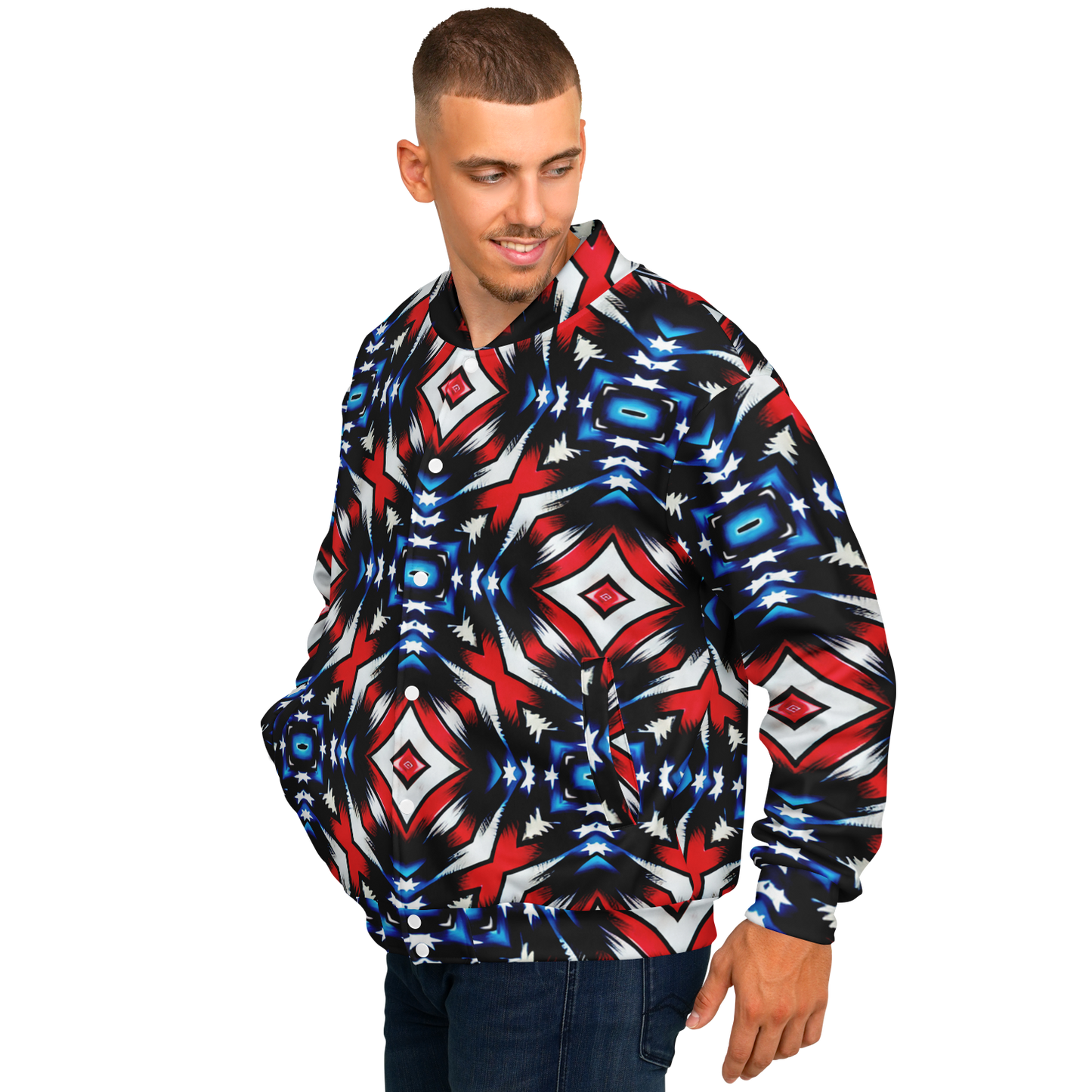 Men's Red White Blue Geometric Pattern All-Over Print Baseball Jacket
