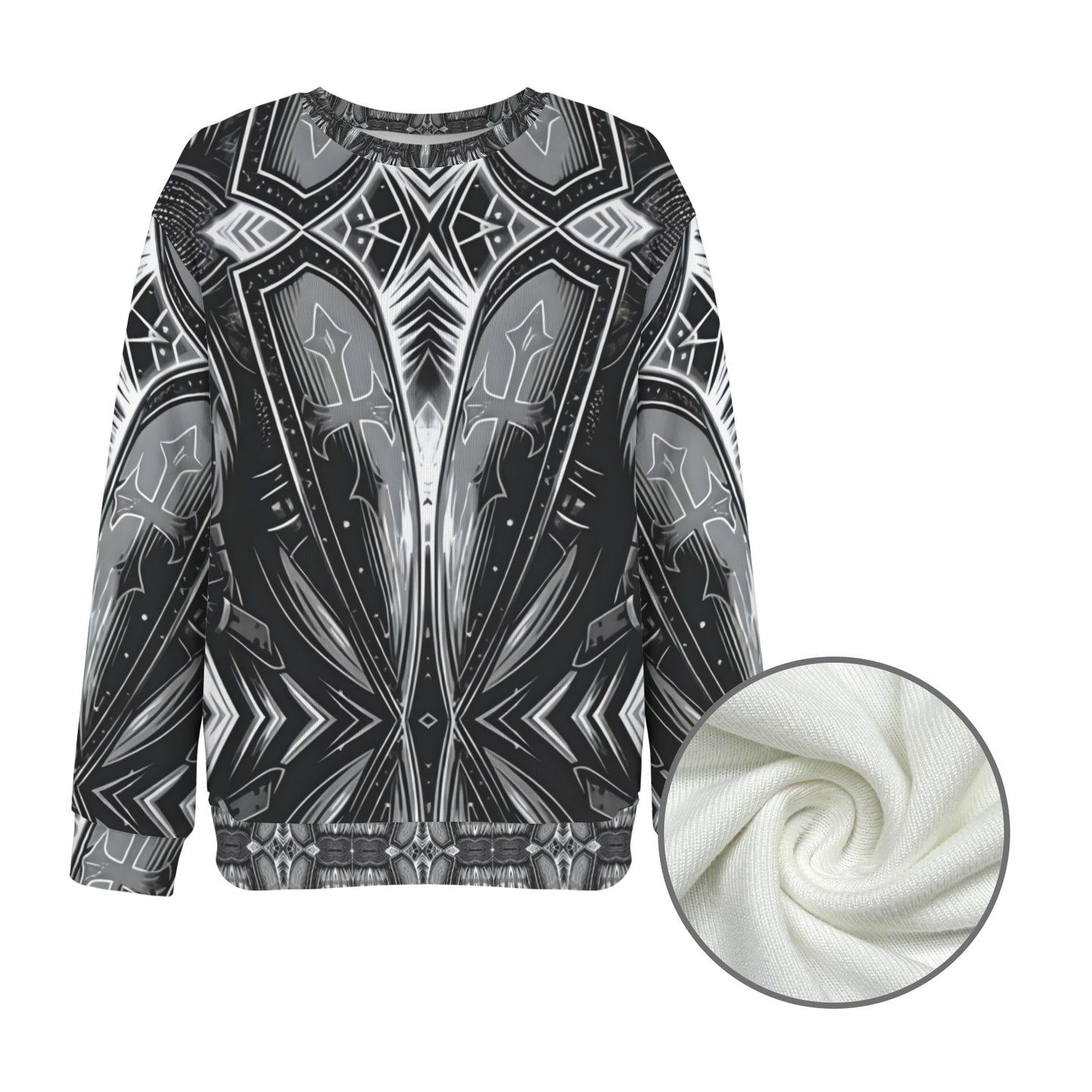 Women's Black & Silver Symmetry Pattern All-Over Print Crew Neck Sweater.