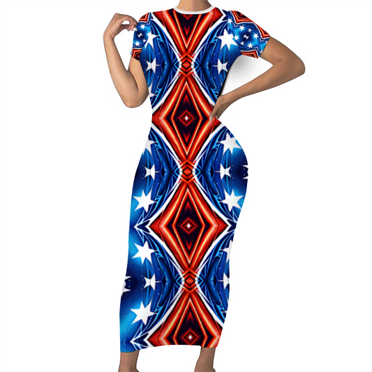 Women's Round Neck Long Dress Short Sleeve Bodycon Pencil Dress