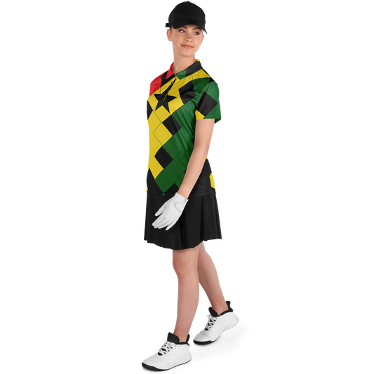 Women's Red Yellow Green and Black Stars Polyester Polo Shirt