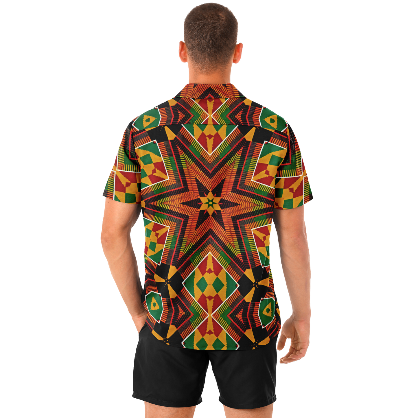 Men's African Kente Geometric Star Pattern All-Over Print Spread Collar Short Sleeve Button-Down Shirt