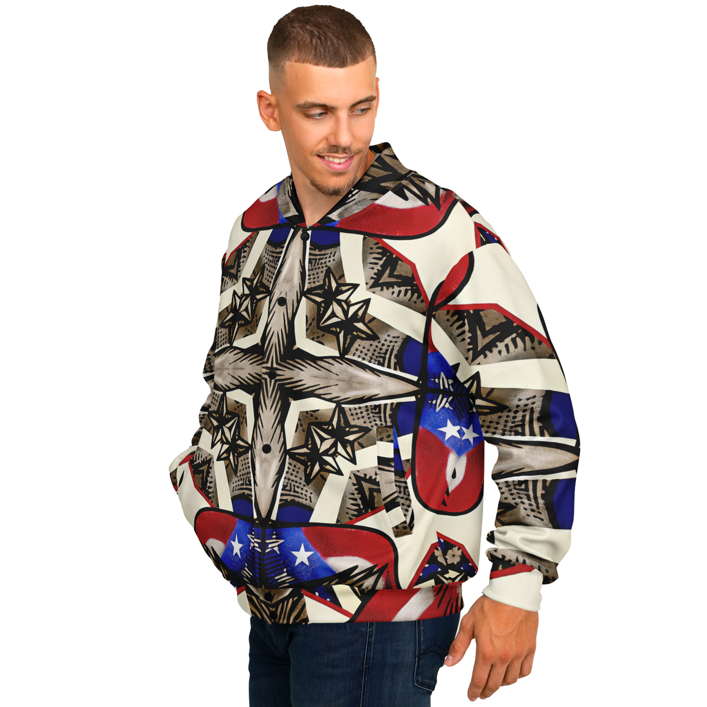 Men's Patriotic Star Kaleidoscope Pattern All-Over Print Baseball Jacket