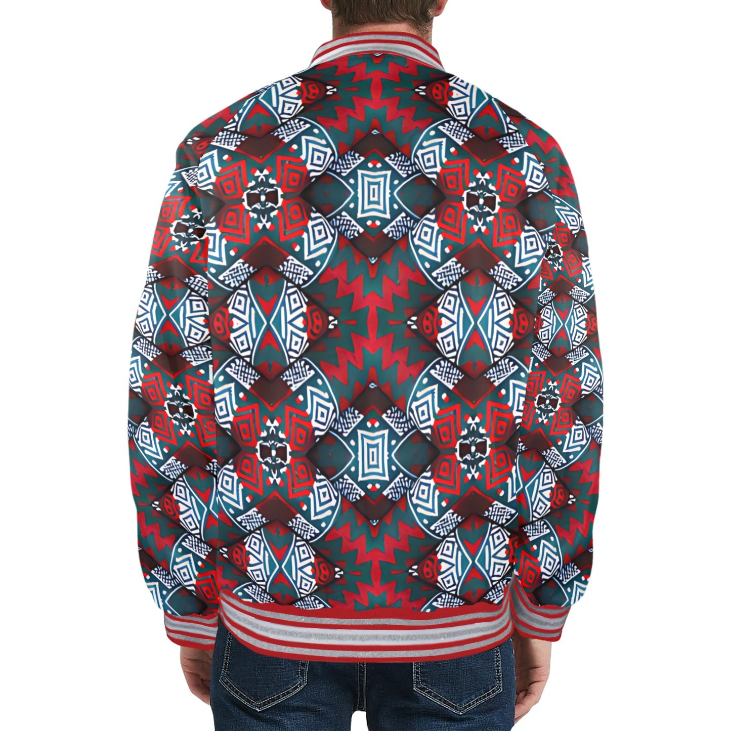 Men's Red, Green & White Teal Aztec Geo Pattern All-Over Print Striped Trim Bomber Jacket