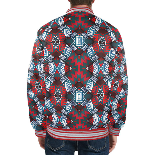 Men's Red, Green & White Teal Aztec Geo Pattern All-Over Print Striped Trim Bomber Jacket