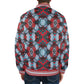 Men's Red, Green & White Teal Aztec Geo Pattern All-Over Print Striped Trim Bomber Jacket