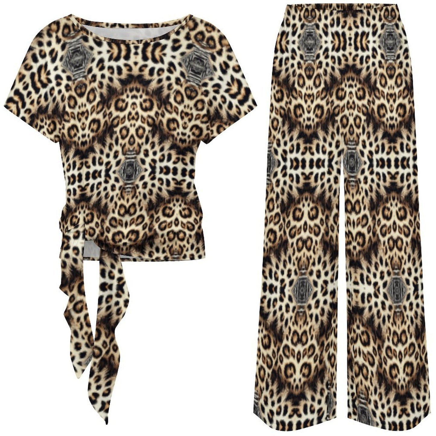 Women's Leopard Trendy Geometric Pattern All-Over Print Side-Tie Short Sleeve Top & Wide-Leg Pants Set