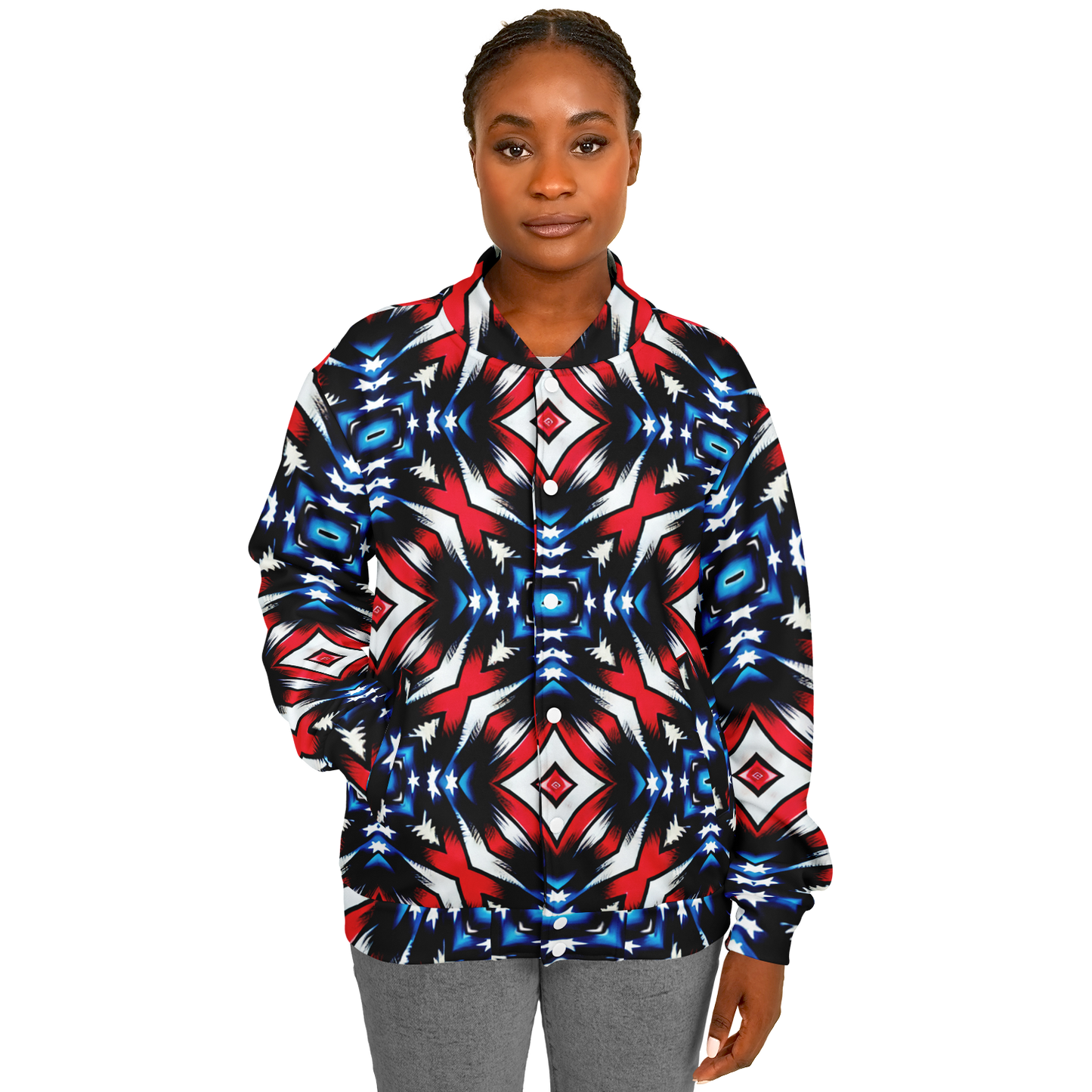 Women's Red White Blue Geometric Pattern All-Over Print Unisex Cut Baseball Jacket