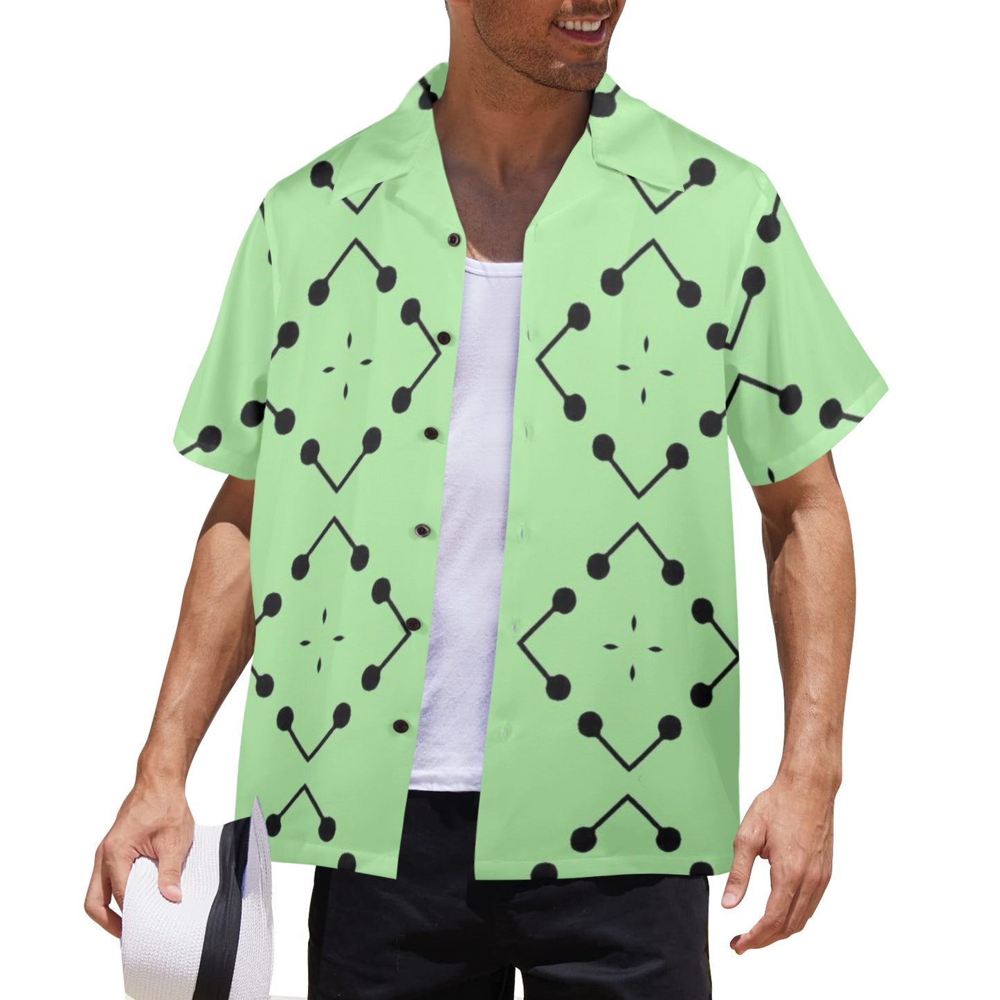 Men's Bold Green Geometric Black Dot-Node Pattern All-Over Print Hawaiian Shirt