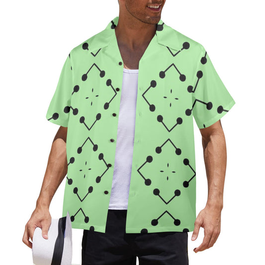Men's Bold Green Geometric Black Dot-Node Pattern All-Over Print Hawaiian Shirt