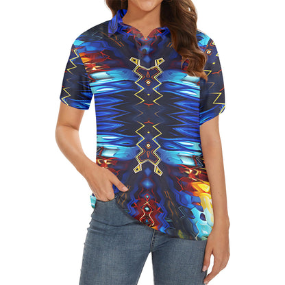 Women's Blue & Red Kaleidoscope Pattern All Over Print Polo Shirt