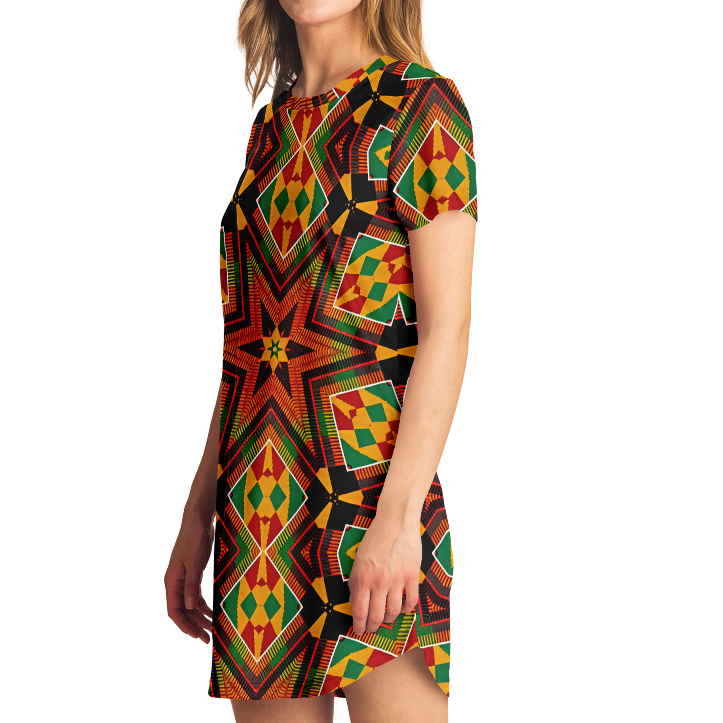 Women's African Kente Geometric Star Pattern All-Over Print T-Shirt Dress