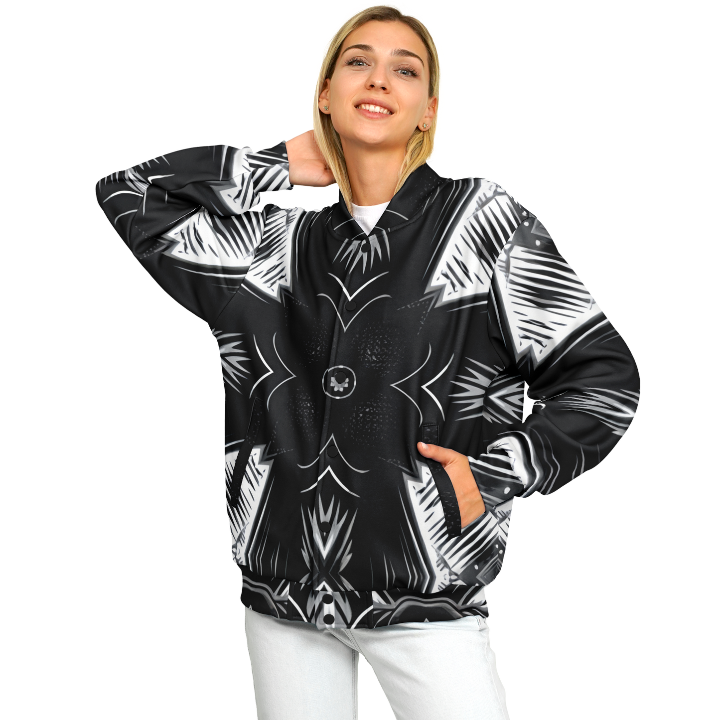 Women's Black & White Geometric Pattern All Over print All Over Print Baseball Jacket