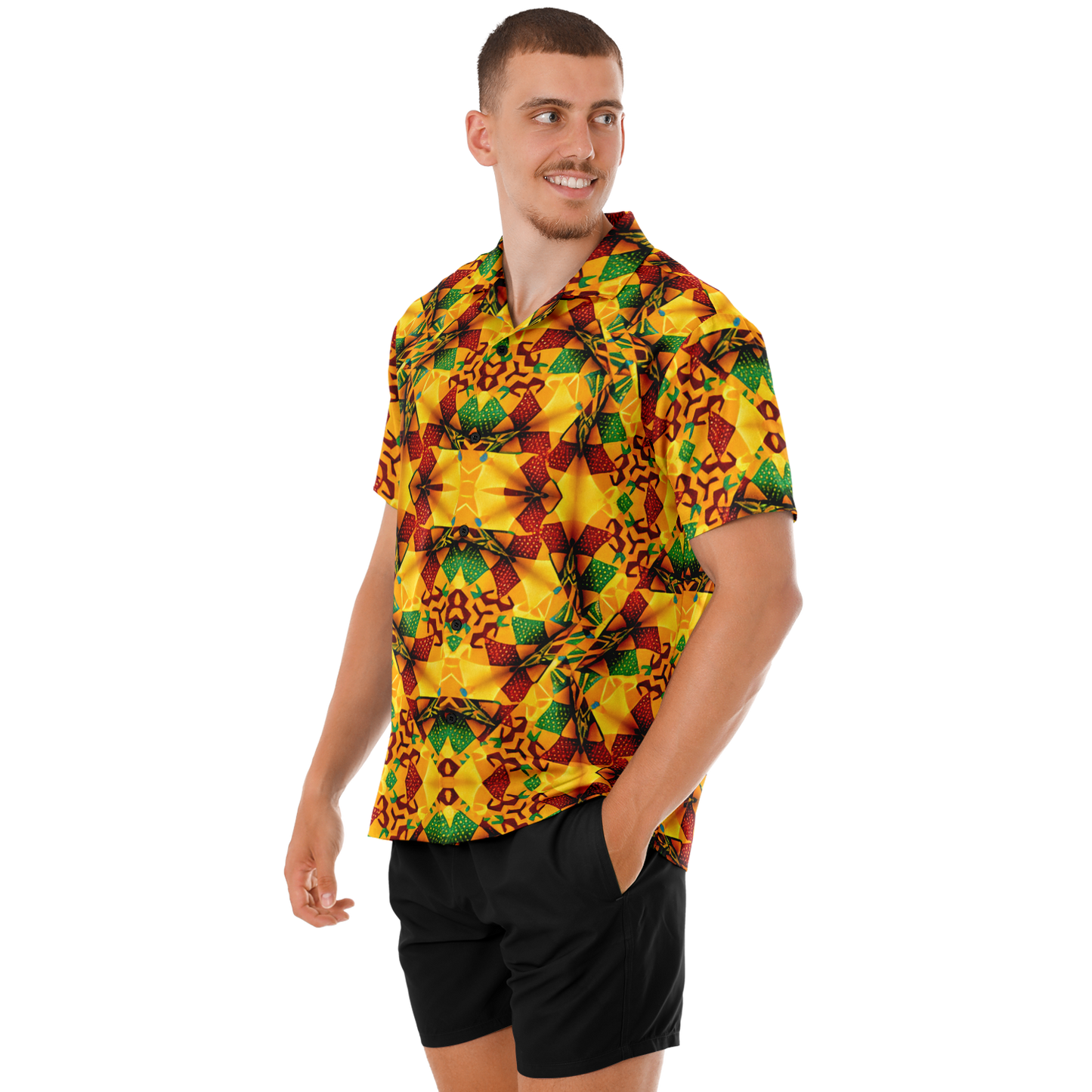 Men's Vibrant African Kente Geometric Pattern All Over Print Spread Collar Short Sleeve Button-Down Shirt