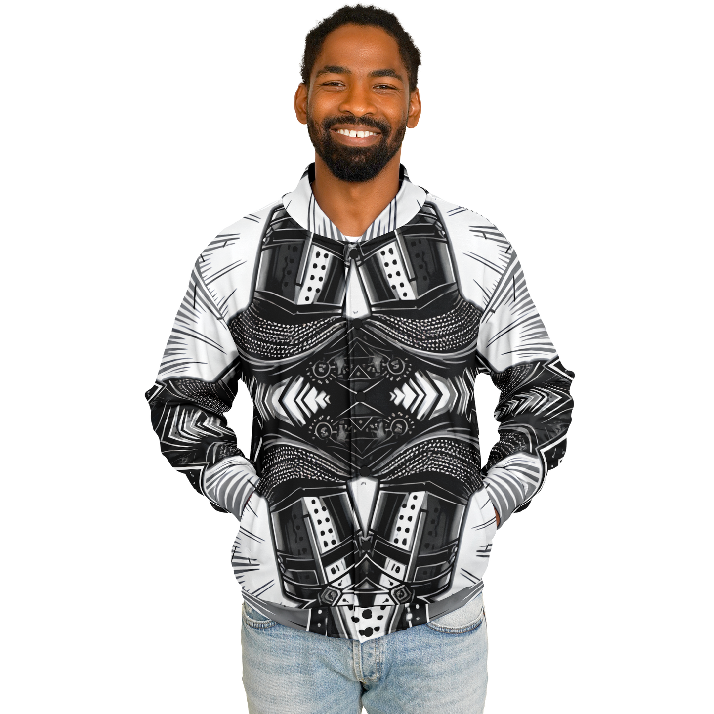 Men's Classic Black & White Geometric Pattern All Over Print Baseball Jacket