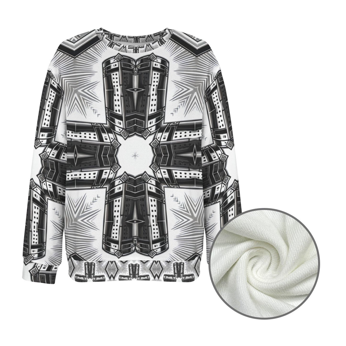 Women's Black & White Kaleidoscope Cross Pattern All Over Print Crew Neck Sweater.