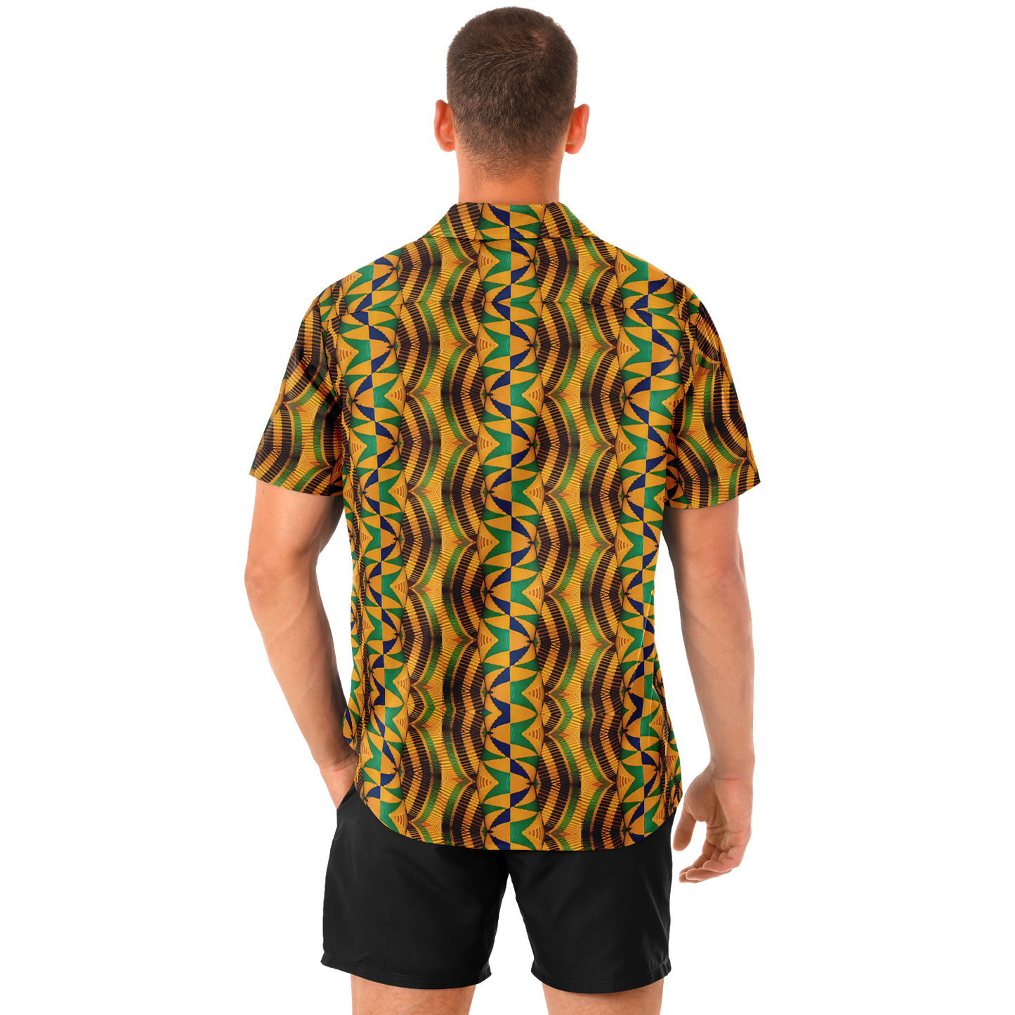 Men's African Kente Kaleidoscope Pattern All-Over Print Spread Collar Short Sleeve Button-Down Shirt