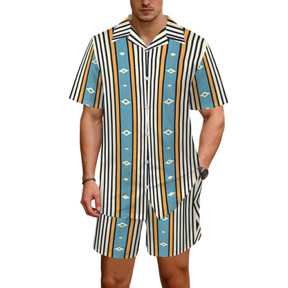 Men's Striped Retro Blue & Orange Patten All Over Print Hawaiian Shirt & Shorts Set