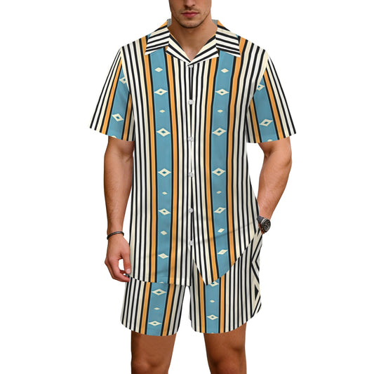 Men's Striped Retro Blue & Orange Patten All Over Print Hawaiian Shirt & Shorts Set