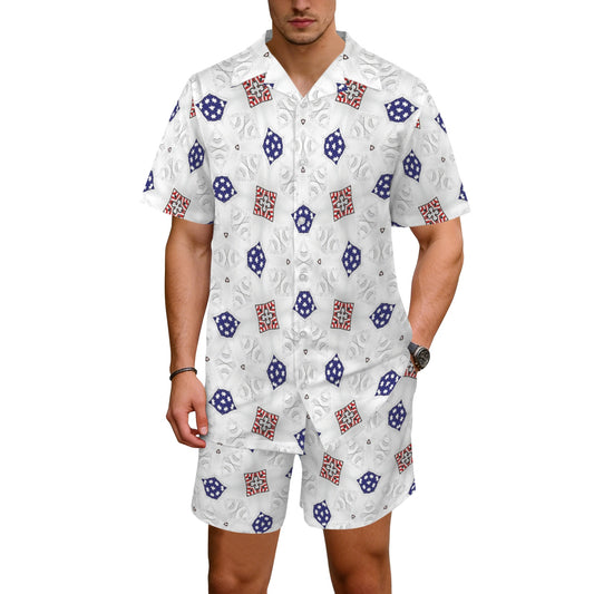 Men’s White, Blue & Red Geometric Pattern All Over Print Men's Hawaiian Shirt & Shorts Set