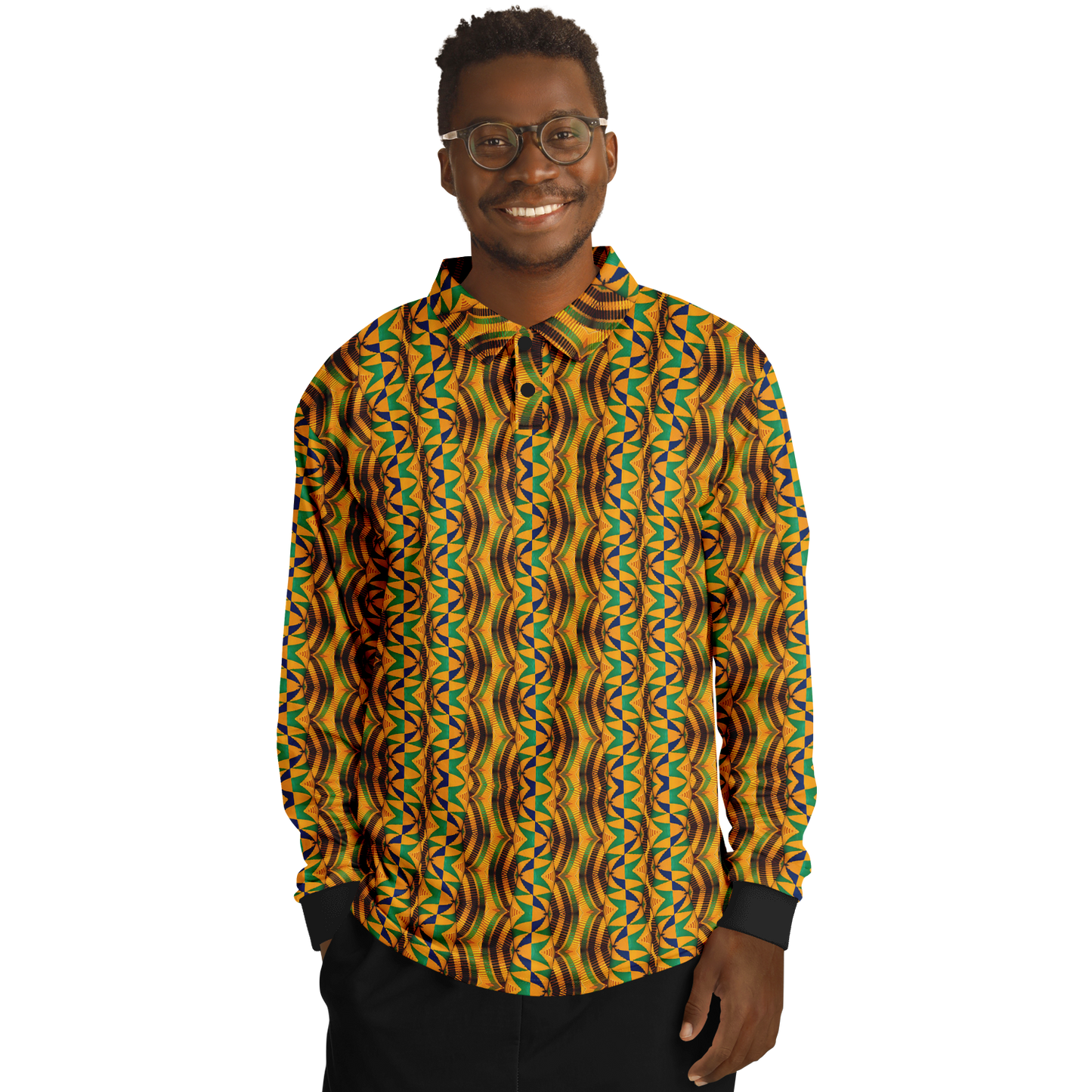 Men’s African Kente Geometric Pattern All-Over Print Long Sleeve Polo Shirt
