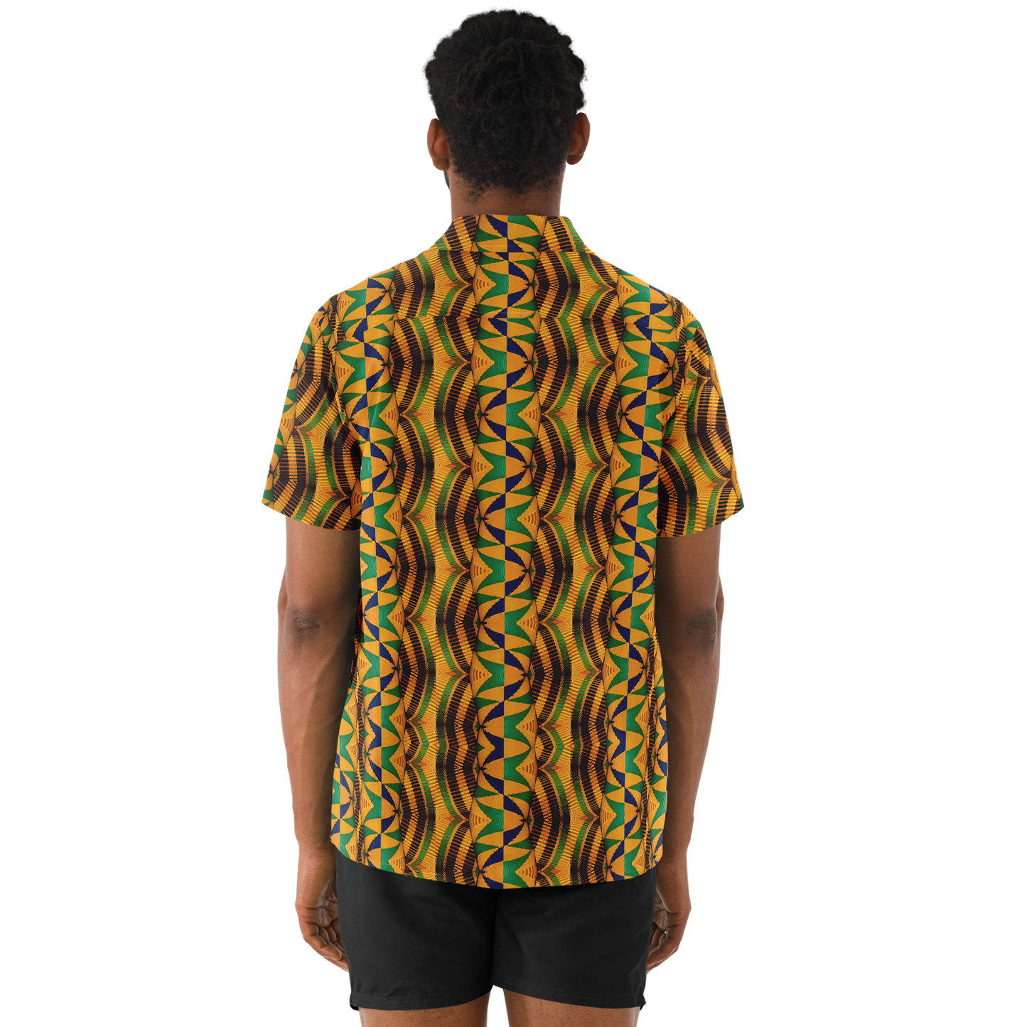 Men's African Kente Kaleidoscope Pattern All-Over Print Spread Collar Short Sleeve Button-Down Shirt