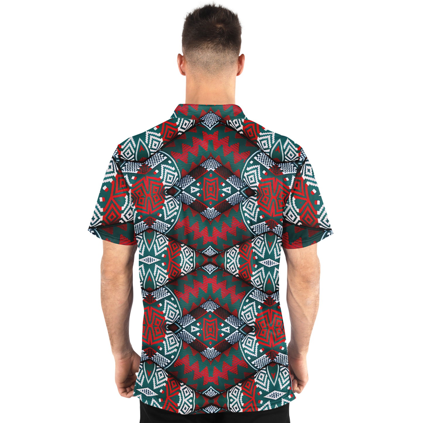 Men's Red, Green & White Teal Aztec Geo Pattern All-Over Print Polo Shirt