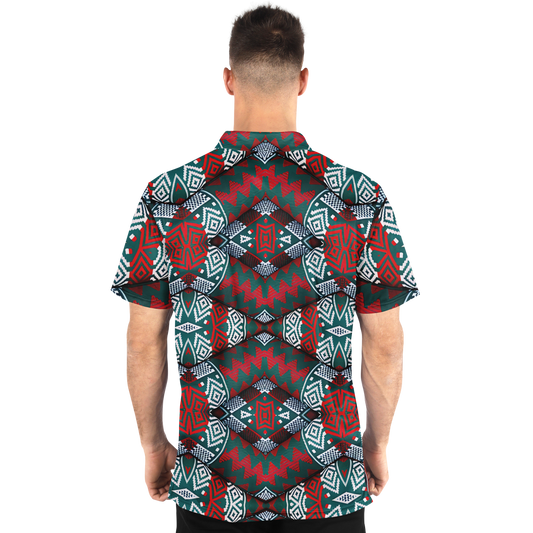 Men's Red, Green & White Teal Aztec Geo Pattern All-Over Print Polo Shirt