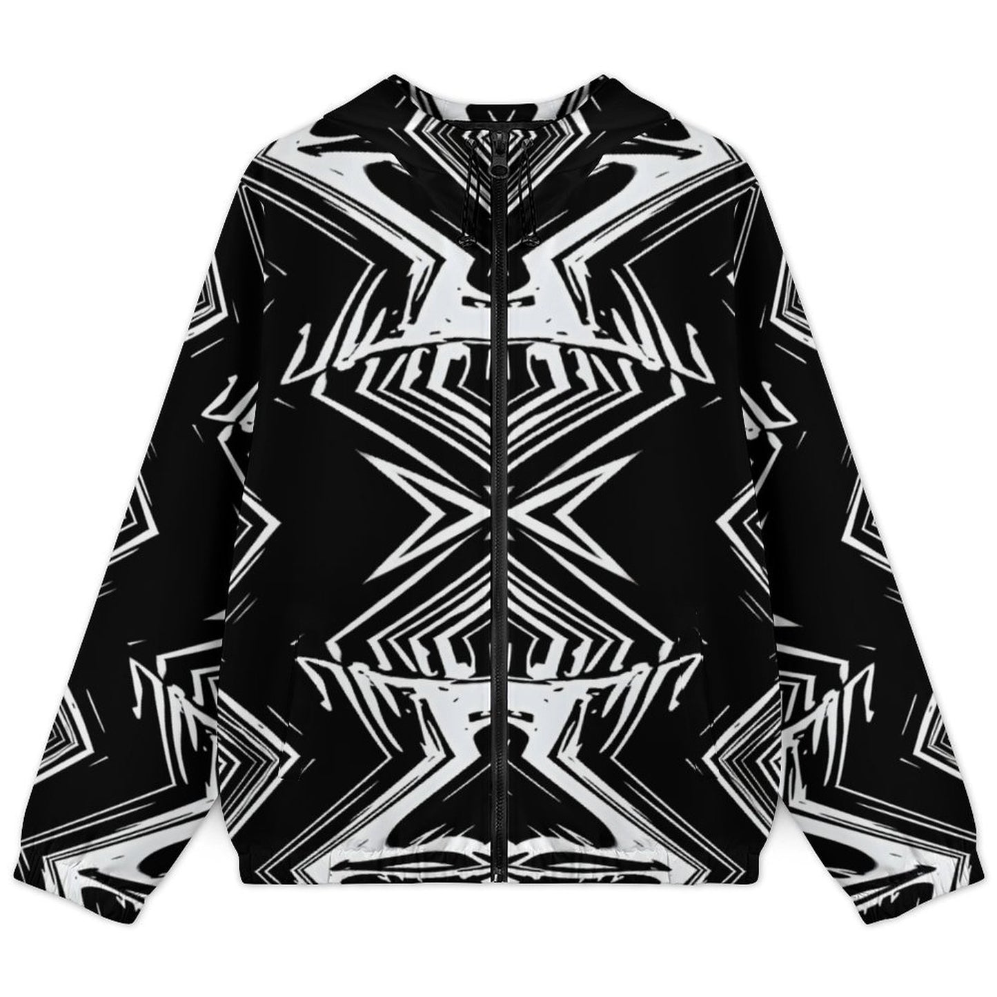 Men's Black & White Geometric Pattern All-Over Print Hooded Windbreaker Jacket