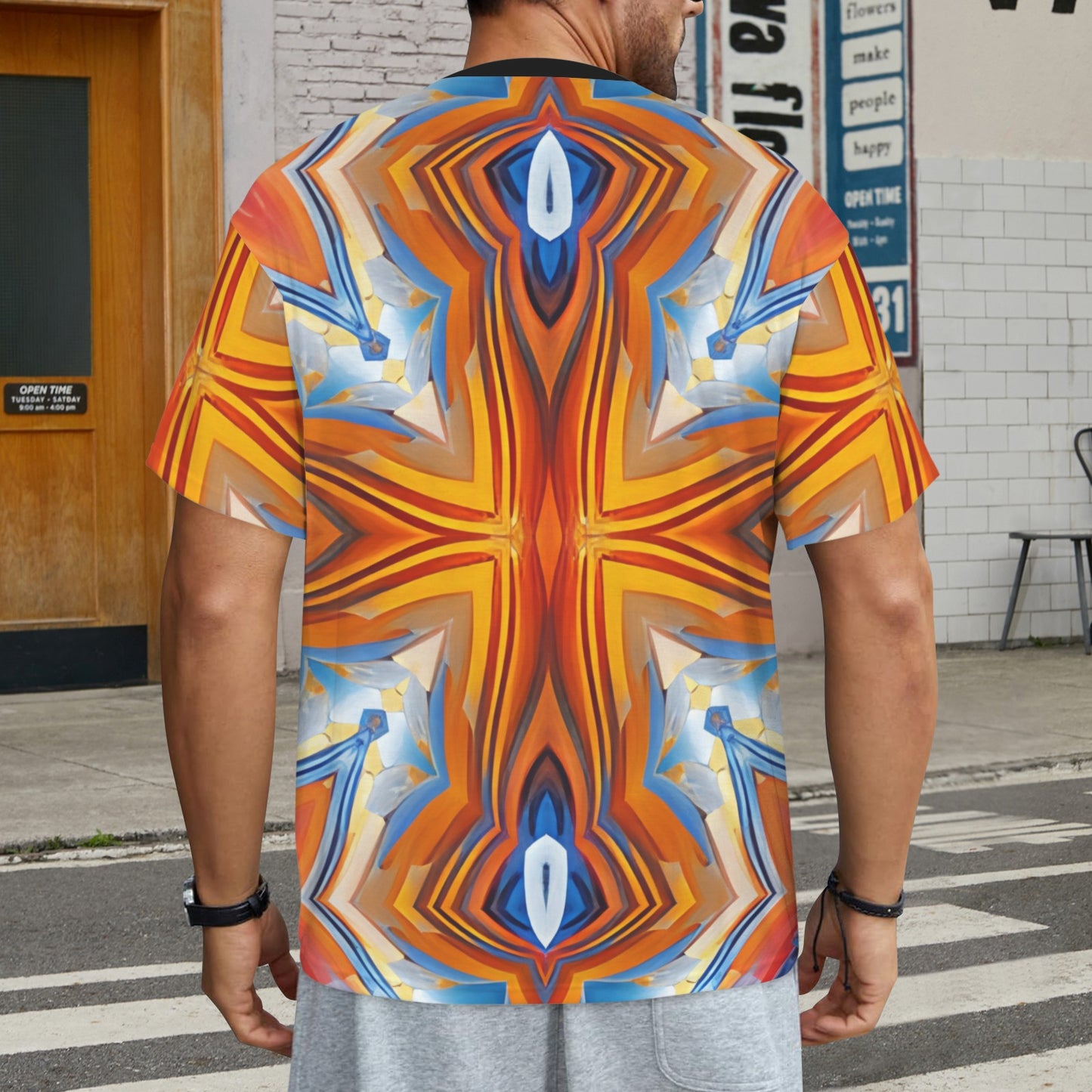 Men's Abstract Flame Kaleidoscope Pattern All Over Print All Over Print Ribbed Collar T-Shirt.