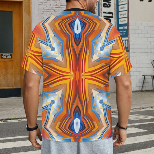 Men's Abstract Flame Kaleidoscope Pattern All Over Print All Over Print Ribbed Collar T-Shirt.