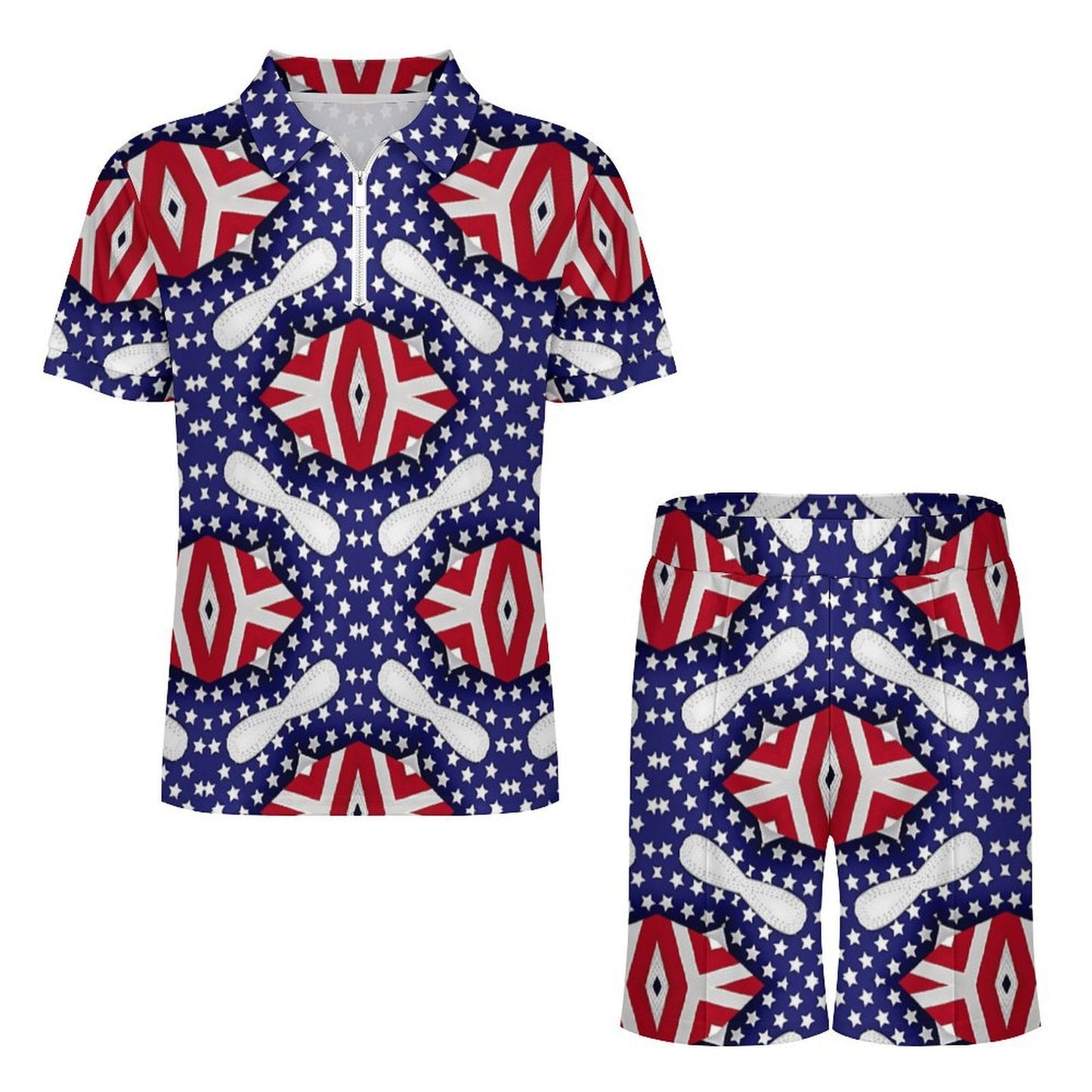 Men's Patriotic Stars & Stripes All Over Print Zip-Up Polo Set