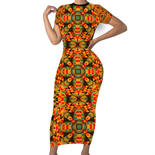 Women's Round Neck Long Dress Short Sleeve Bodycon Pencil Dress