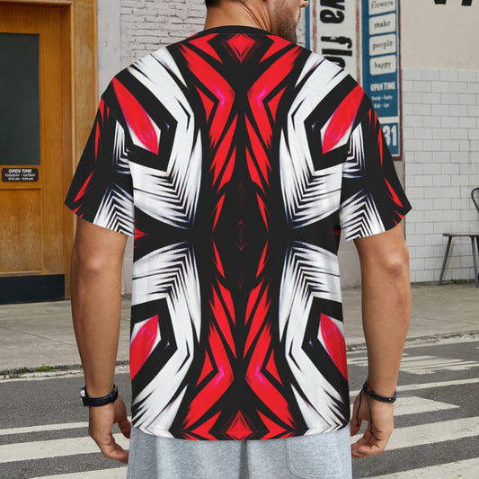Men's Abstract Red, White & Black Pattern All-Over Print Men's All Over Print Ribbed Collar T-Shirt.