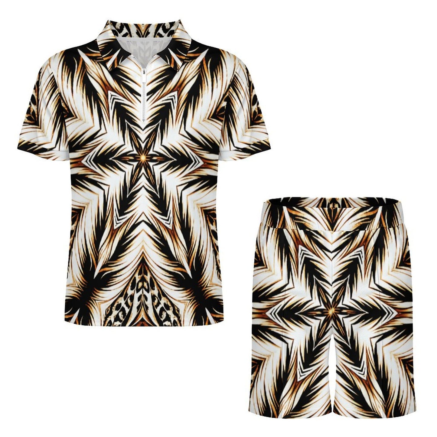 Men's Golden Baroque Pattern All-Over Print Zip-Up Polo Set