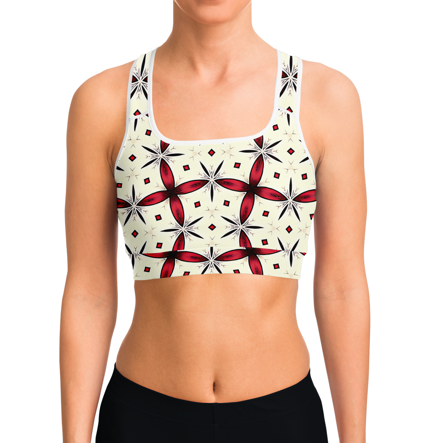 Women's Red & Black Geometric Pattern Sports Bra