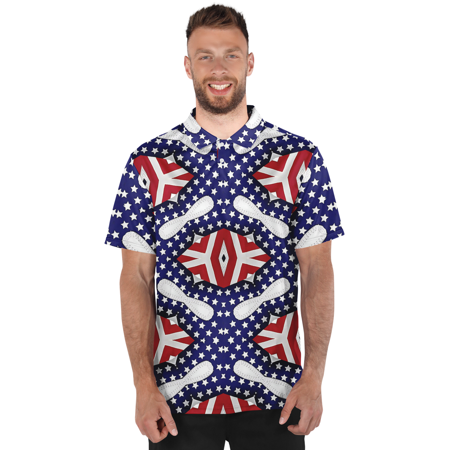 Men's Red White Blue Geometric Pattern All-Over Print Polo Shirt