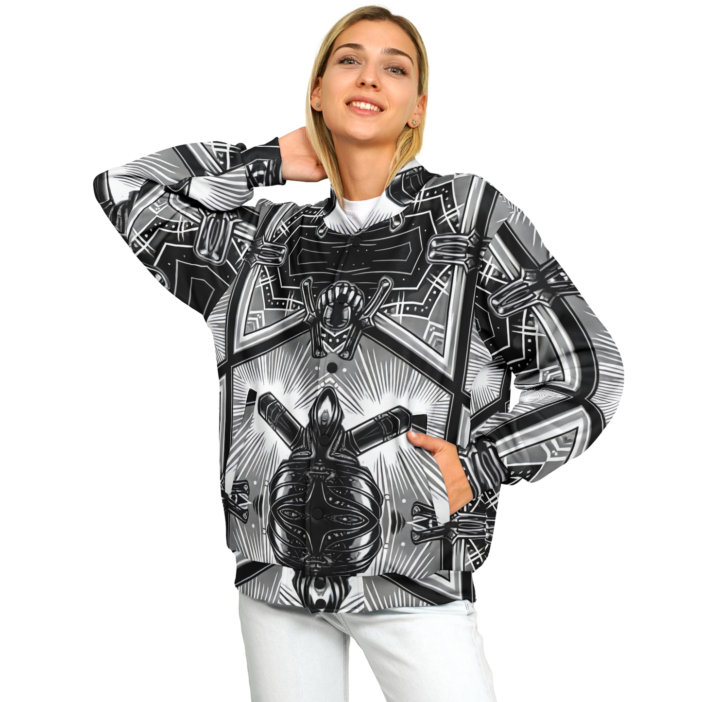 Women's Monochrome Kaleidoscope Pattern Men's All Over Print Baseball Jacket