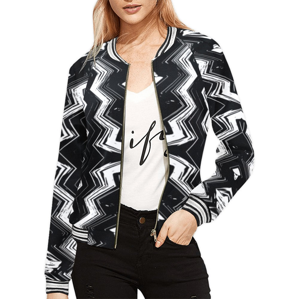Women's Black & White Geometric Pattern All-Over Print Bomber Jacket for Women