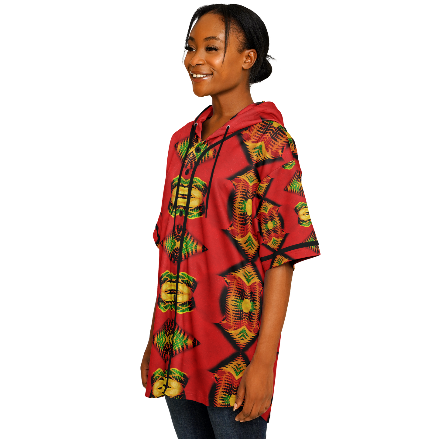 Women's Red Bold Tribal All-Over Print Hooded Baseball Jersey