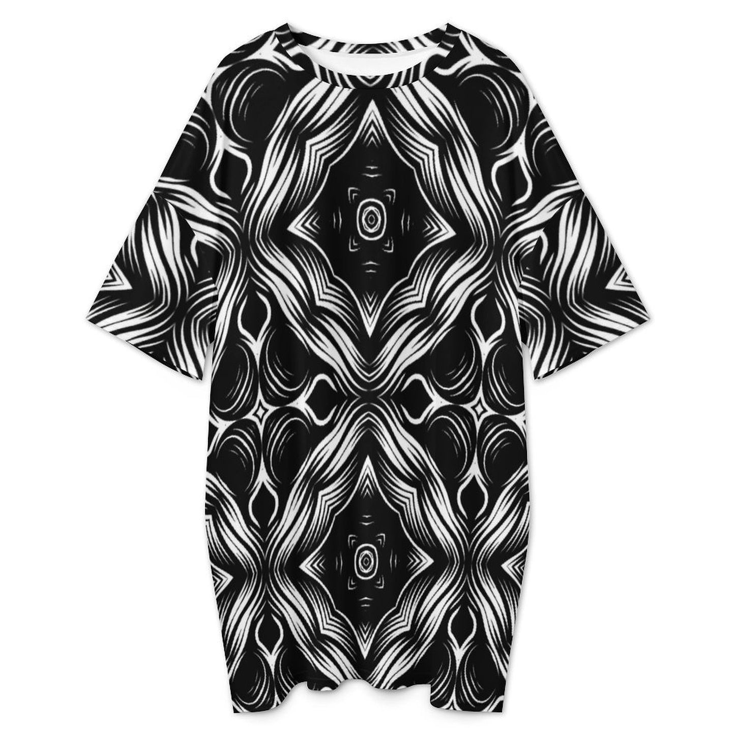 Women's Black & White Geometric Pattern All-Over Print Shirt  Oversized T- Shirt Loungewear
