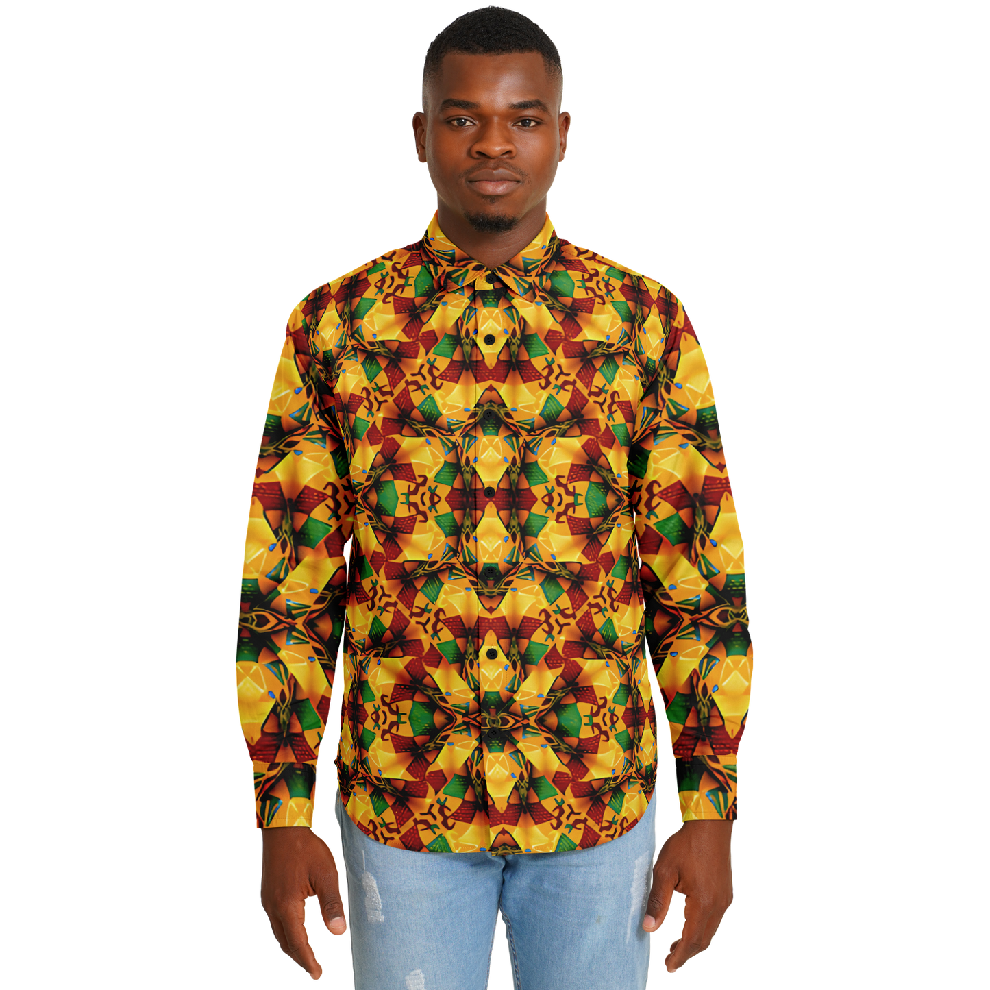 Men's Vibrant Autumn Kaleidoscope Pattern Spread Collar Long Sleeve Button-Down All Over Print Shirt.